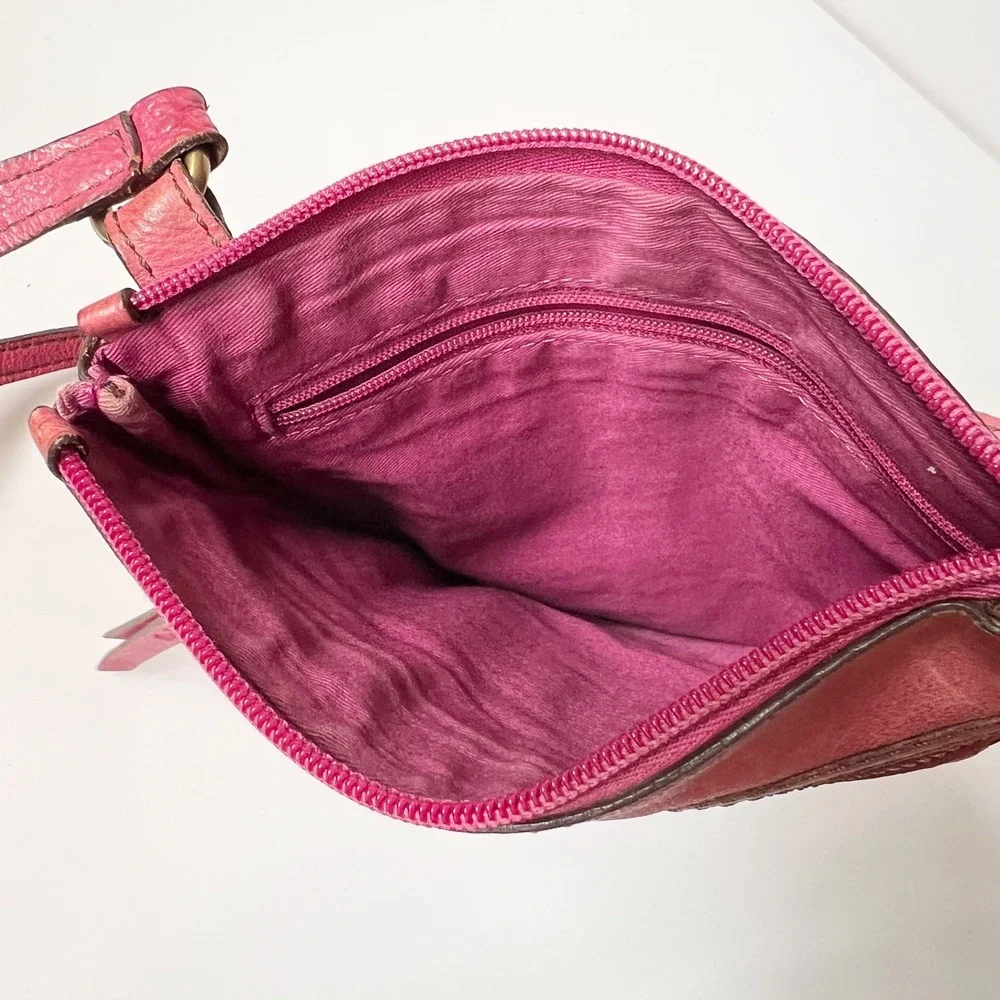 Fossil Crossbody Bag Small Pink Leather Floral Embossed Zip Pocket Adjustable